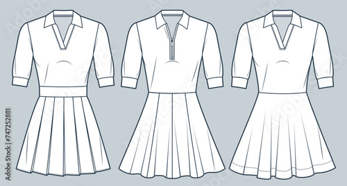 Set of Polo Dress technical fashion illustration. Flared Dress fashion flat technical drawing template, half sleeve, v neck, pleated, mini length, front view, white, women Dress CAD mockup.