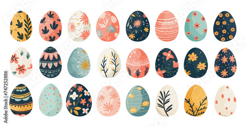 Easter eggs, scribble set. Vector package hand drawn symbols in falt design of different colors with abstract expressive patterns, elements of flora, leafs, flowers, isolated on white background