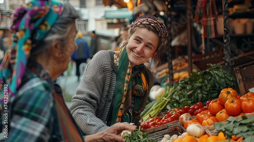 Portrait of two women old and young buying local vegetables at street market