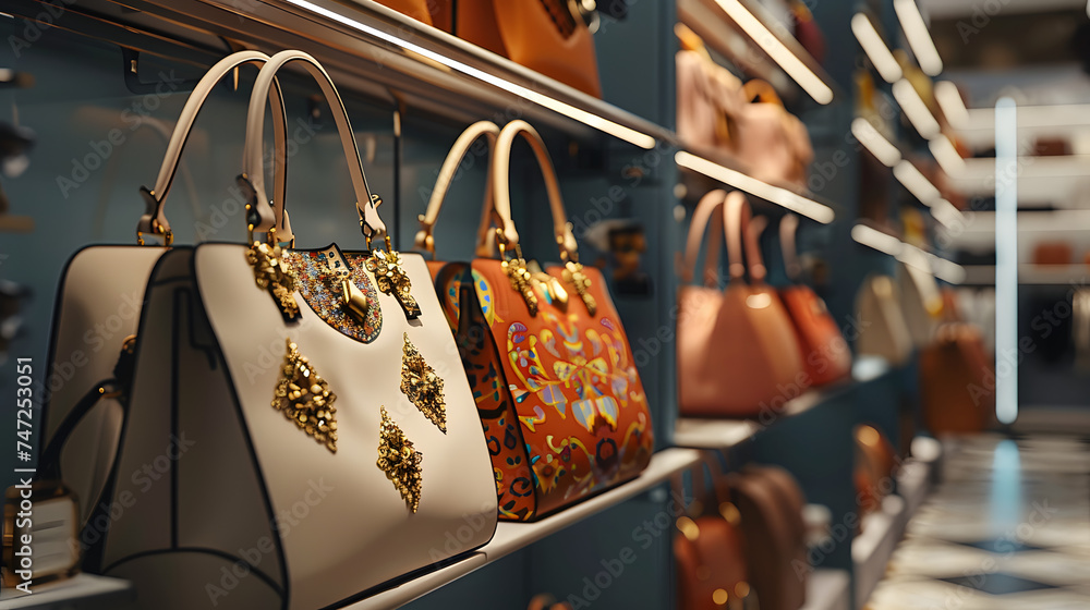 Close-Up of Exquisite Handbags in a Boutique. 