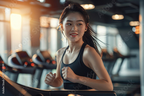 athletic asian woman running on treadmill while exercising in a gym club