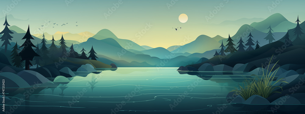 Sunset Over a Calm Lake Surrounded by Mountains