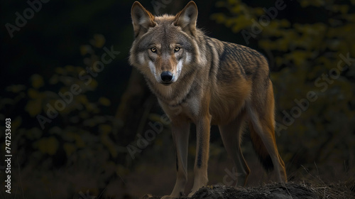 A wolf standing attentively in a forest environment with dappled sunlight. 