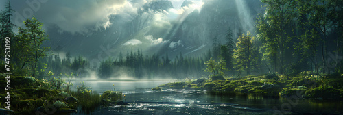 Sunbeams over a mystical mountain lake with lush greenery. Digital painting of serene nature landscape. Tranquil wilderness and exploration concept. Design for poster, wallpaper, and print.