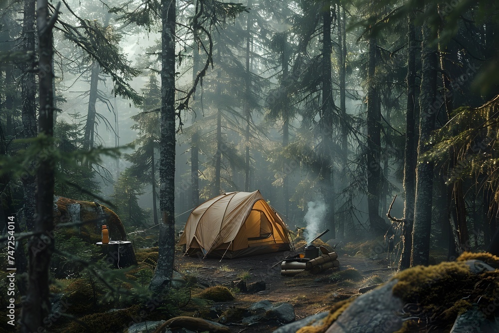 Tented Campfire Scene in a Serene Forest