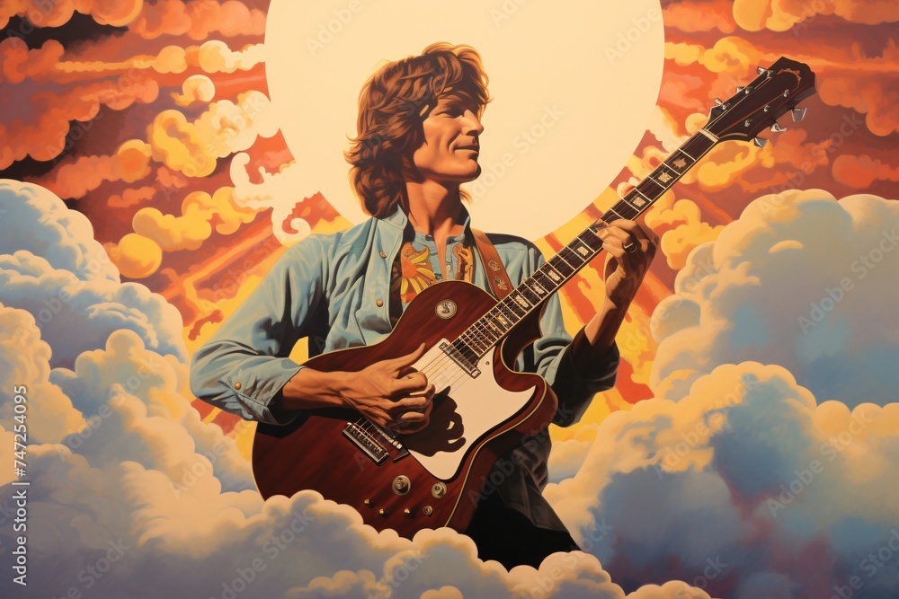 a man playing a guitar in the clouds - obrazy, fototapety, plakaty 