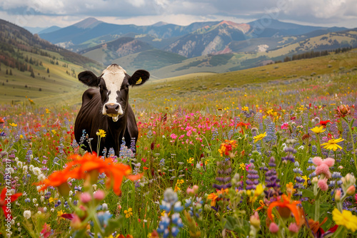 A black and white cow in a field of  wildflowers, mountain landscape in background.