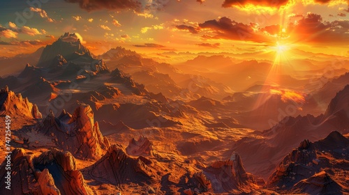 Panoramic view of colorful sunrise or sunset in mountains. Beautiful sky and rocks. Aerial view. Prehistoric earth. Ai-generated.