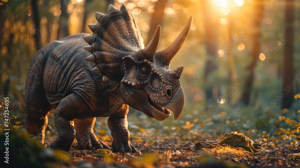 Fototapeta premium AI-generated majestic dinosaurs in a prehistoric landscape. Triceratops. The concept of time when dinosaurs ruled the Earth.