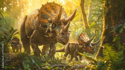 AI-generated majestic dinosaurs in a prehistoric landscape. Triceratops. The concept of time when dinosaurs ruled the Earth.