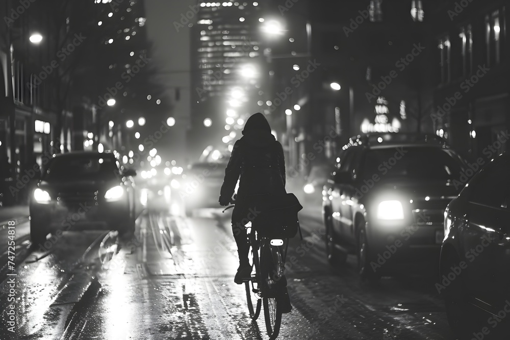 Nighttime City Cycling in Black and White