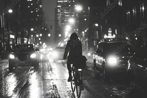 Nighttime City Cycling in Black and White