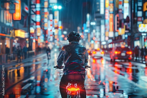 Futuristic Cyberpunk Style Bicycle Rider in Rainy City Night