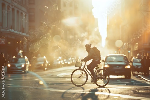 Bicycle Rider Through a City Street in Lens Flare Style