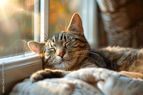 Tabby Cat Sleeping in Sunlight by Window