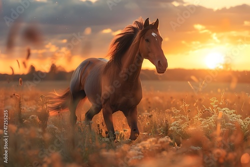 Horse Running in Field during Sunset in Vray Style © kiatipol