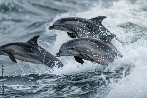 Group of Dolphins Leaping Out of Ocean in Darktable Processing Style © kiatipol