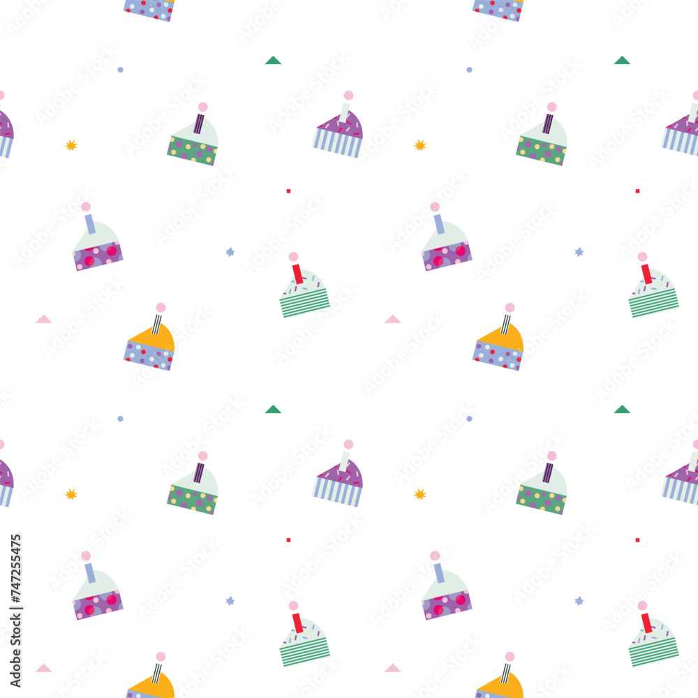 Seamless pattern  pieces of cakes on white background. Happy birthday pattern. Set of decorative slices of cakes.