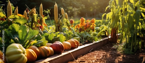 A garden bursting with a variety of vegetables including corn, green beans, and pumpkin. These plants are arranged using permaculture and companion planting techniques to maximize growth and yield. photo