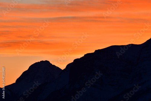 Mountain Peak landscape in orange sunset la Clusaz France