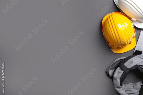 Top view World day for safety and health at work ,stripe grey and black background , Labour day with safety yellow halmet , Headphone and an equipment photo