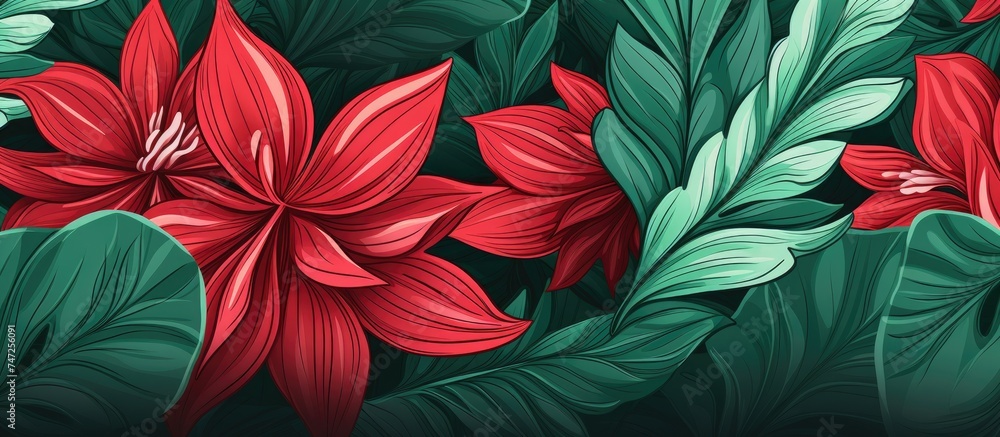 A vibrant red flower with green leaves stands out against a dark black background. The contrast between the colorful plant and the stark backdrop creates a striking visual impact.