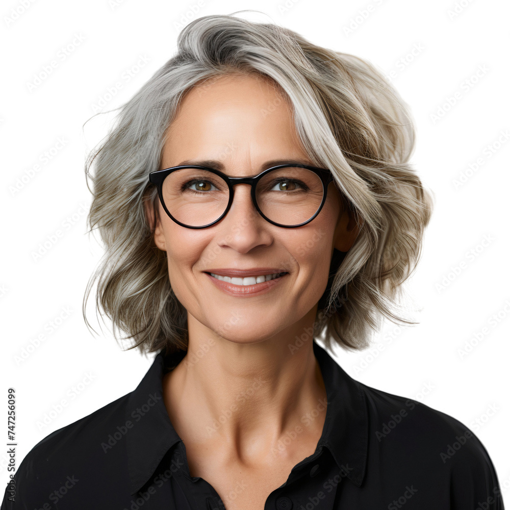Smiling mature woman wearing glasses, isolated on white background