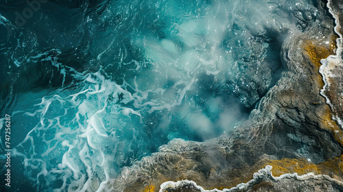 Macro View of Geothermal Pools in Yellowstone National Park, Showing Microbial Mats. Concept of geothermal features, hot springs, and microbial life