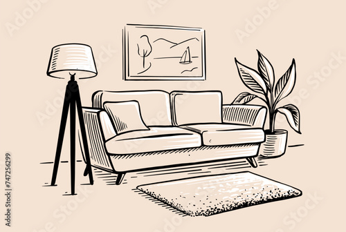 Sofa drawings sketch style. Room interior
