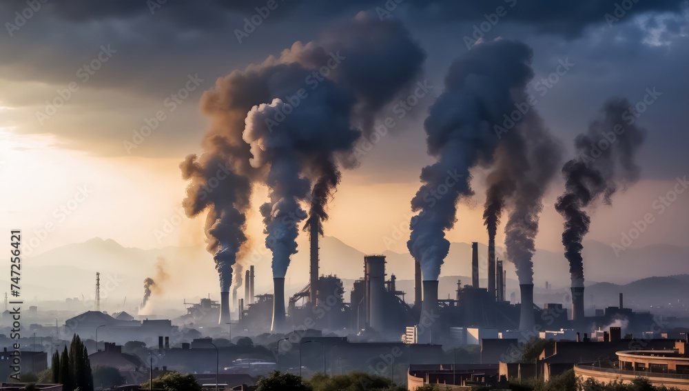Urban City Air Pollution. Greenhouse Gases. Urban Area With Visible Air Pollution and Smog. Factory Producing Greenhouse Gases.