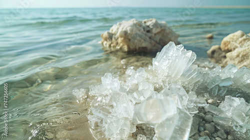 Detailed Shot of Salt Crystals in the Dead Sea, Highlighting Unique Crystal Structures. Concept of salt formations, mineral deposits, and natural processes