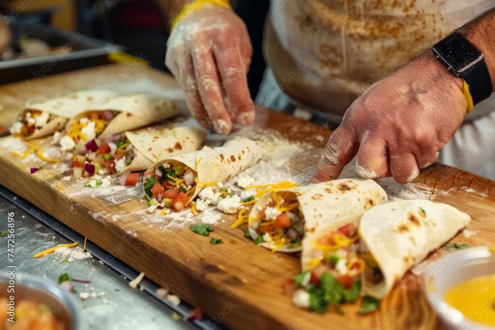 A chef prepares burritos on a wooden table, mexican food stock photo