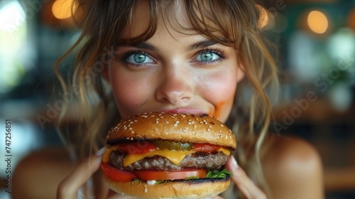 A woman attempts to take a bite out of an oversized burger or sandwich, only to have it collapse in their hands, leaving them with a face full of food, comic situation, fast food addiction concept. 