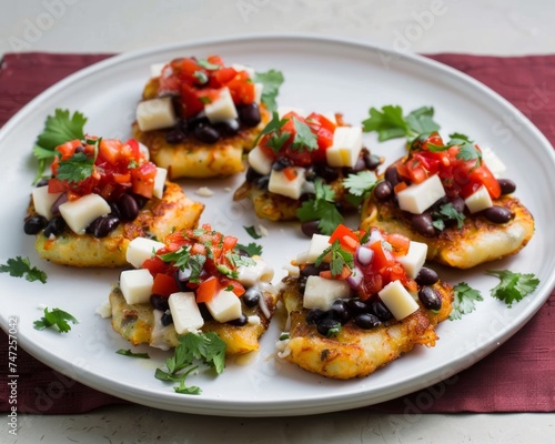 Delicious cannelloni & jicama fritters topped with salsa black beans cheese and cilantro, tasty mexican dish image