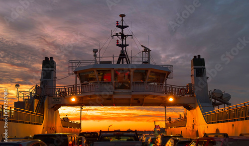 Wolfe Island ferry at sunset on Lake Ontario, Canada