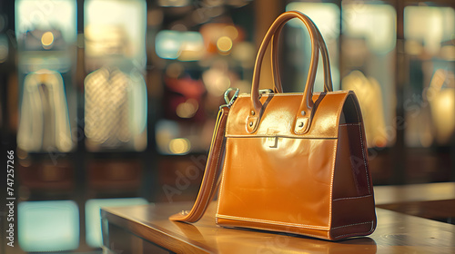 Elegant brown bag on shelf in luxury boutique concept