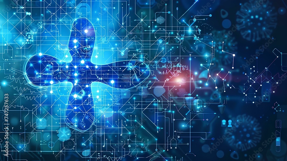 Abstract electronic circuit board with Futuristic medical interface with graphs and charts. Data for doctor technology modern medical concept