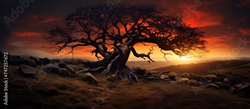 An old tree stands tall on a hill  its silhouette striking against the darkened sky of a vibrant sunset  casting long shadows.