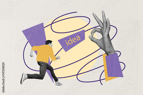 Collage creative poster black white filter happy excited joyful young man fast run idea okey show big hand purple sketch white background photo