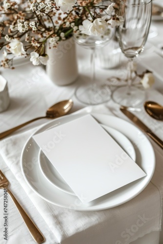 Elegant dining wedding table setting featuring a blank menu card for number or text custom mockup on white plates complemented by delicate flowers and gold cutlery