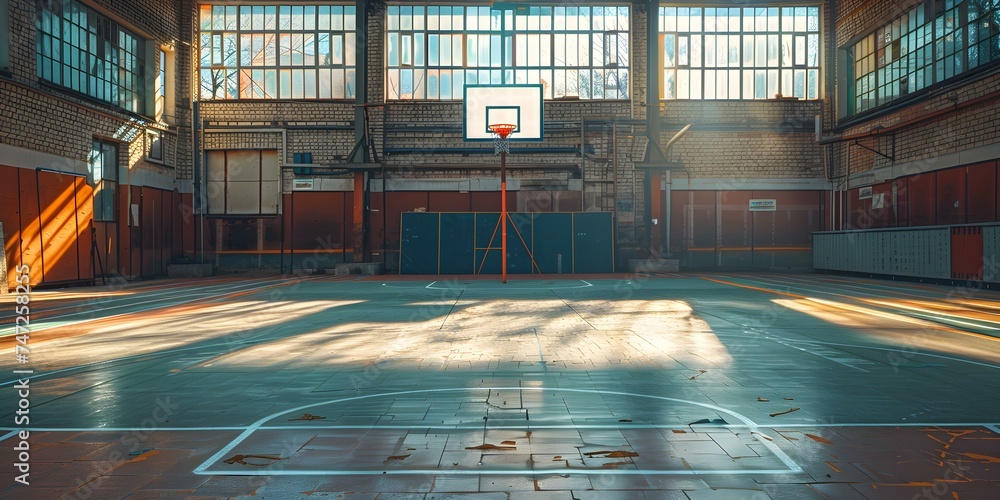 Dark gymnasium court with hoop ideal for athletic or educational themes. Concept Sports Photography, Basketball Hoop, Physical Education, Athletic Activities, Indoor Sports - obrazy, fototapety, plakaty 