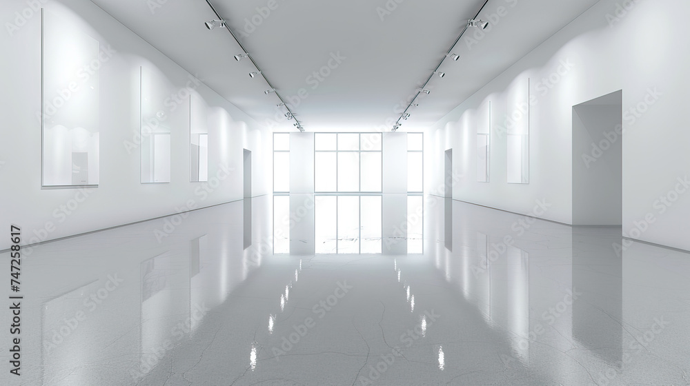 Empty Gallery Space: An empty gallery space with white walls and track lighting, providing a gallery-like setting for product displays