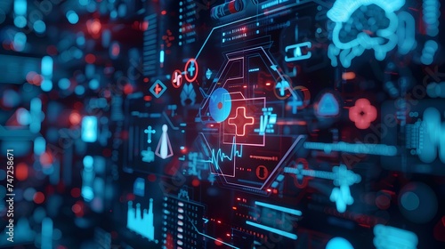 Abstract electronic circuit board with Futuristic medical interface with graphs and charts. Data for doctor technology modern medical concept