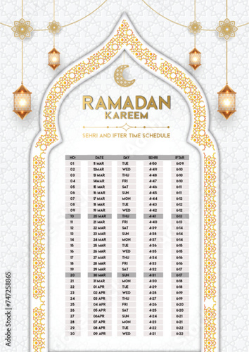 Ramadan Kareem Fasting and Prayer time Guide Iftar and Sehri Ramadan Calendar Design Template .
