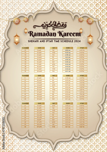 Ramadan sehri & iftar timetable calendar template.