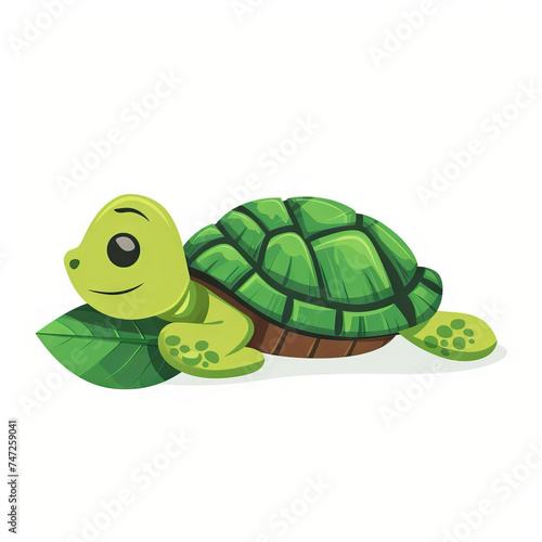 Contented Turtle Lounging with a Leaf. Vector Icon Illustration. Animal Nature Icon Concept Isolated Premium Vector. 