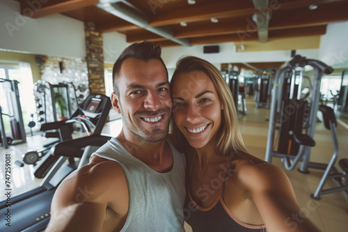 Happy athletic couple taking selfie in gym