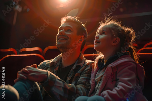 Happy father and daughter enjoying in movie projection in theater