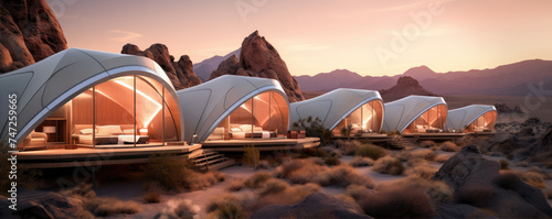 Futuristic glamping tents with bis glass windows in rocky desert or mountains © amazingfotommm