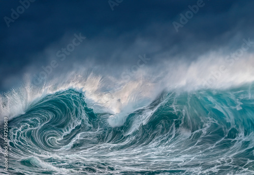Ocean wave breaking on the shore in stormy weather, natural background